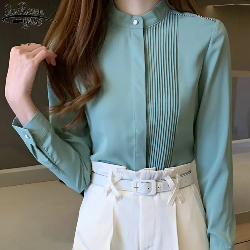 春の女性のシャツの韓国風プリーツ長袖のオフィスの女性の上のファッションの底部Blusas Mujer 13931 210427