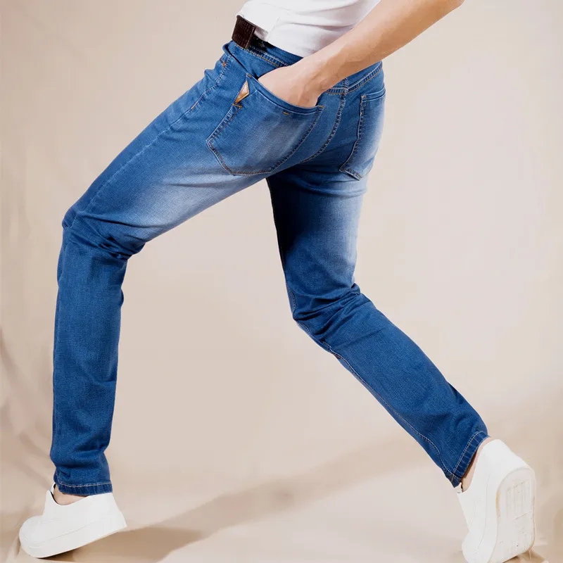 Осенние весенние растягивающие хлопок дышащие удобные джинсы мода повседневные мужские легкие джинсовые брюки мужские черный синий 210518