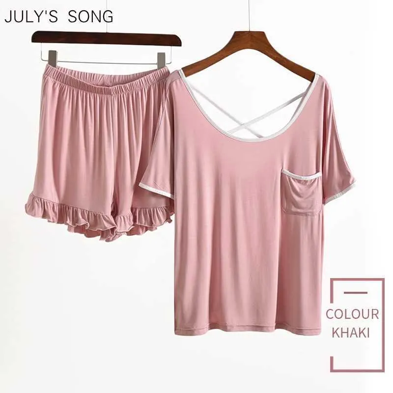 JULY'S SONG Femmes D'été Pyjama Ensemble Vêtements De Nuit 2 Pièces Doux Modal Doux Mince Sexy Dos Nu À Manches Courtes Simple Casual Homewear Q0706