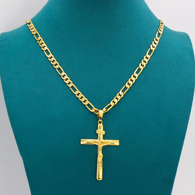 Real 10k Yellow Solid Fine Gold GF Jesus Cross Crucifix Charm Big Hanger 55*35mm Figaro Collier 24" 600*6mm