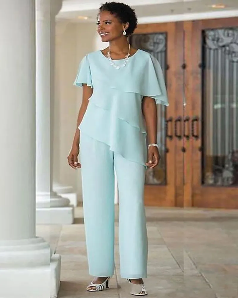 Chic 2022 Mother Of The Bride Chiffon Pants Suit With Tiered Skirt