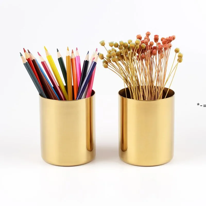 NEWStainless Steel Gold Round Port Flower Vase Cylinder Pen Holder Rose Vases Multifunction Storage Pencil Barrel Garden Decoration LLE10641