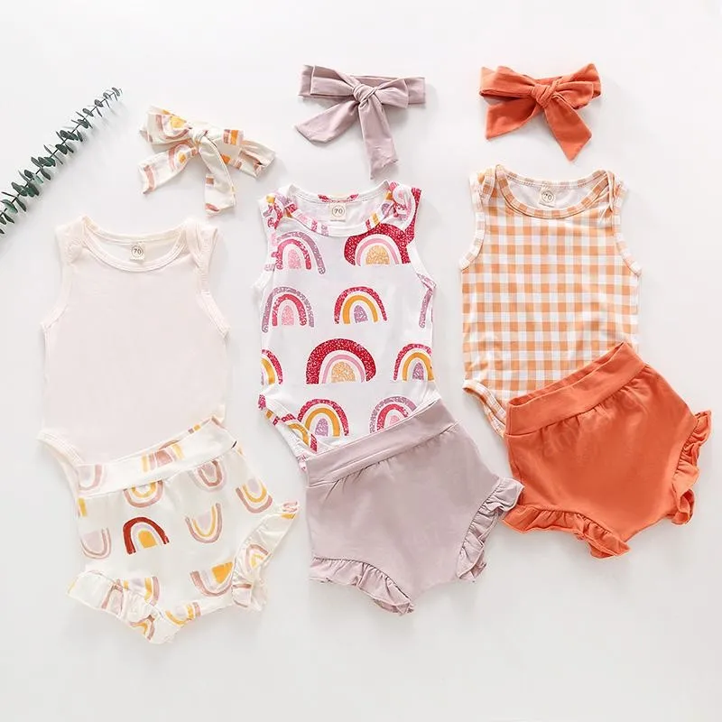 Kinderkleding Sets Meisjes Outfits Zuigeling Peuter Regenboog Plaid Mouwloze Tops + Ruffle Shorts + Hoofdband 3pcs / Set Zomer Mode Boutique Babykleding