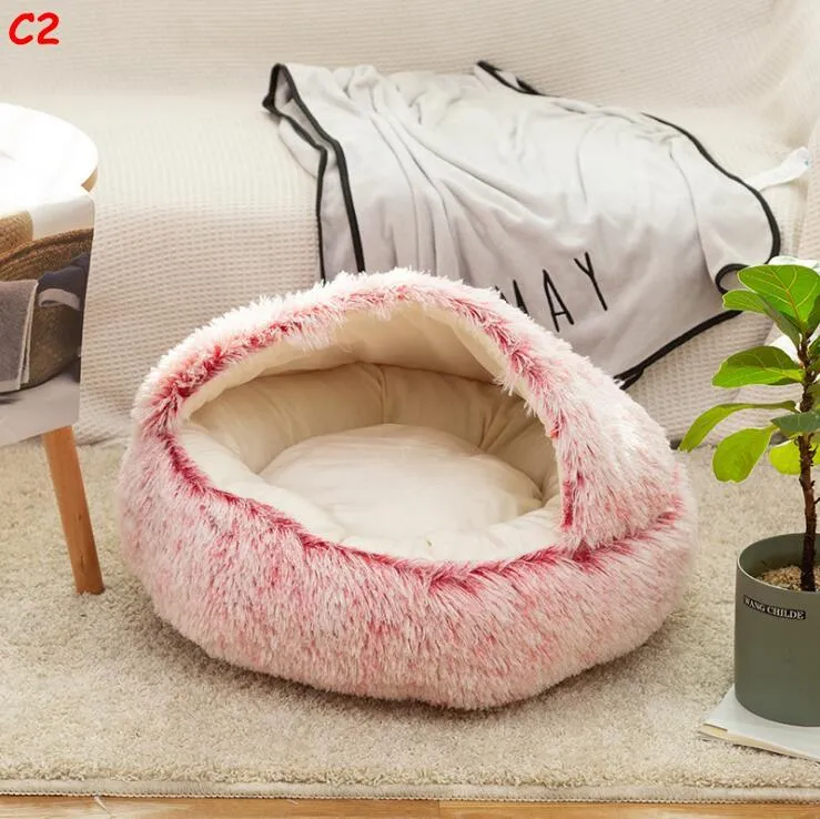 Cat Bed Round Soft Plush Burrowing Cave Hooded Cat Bed Donut for Dogs Cats Faux Fur Cuddler Comfortable Self Warming Pet Bed Anti Slip Bottom