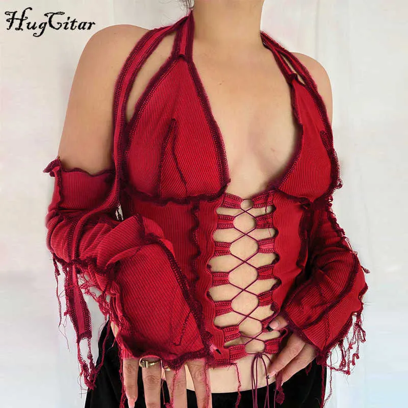 Hugcitar 2020 Patchwork Bandage Cut Out Sexig Crop Top Höst Vinter Kvinnor Mode StreetWear Halter Y2K Tshirts Club Tees X0628