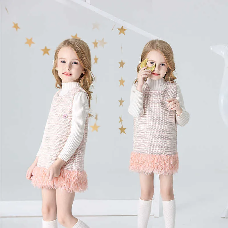 Moda Kız Butik Tüy Elbise Çocuklar için Toddler Püsküller Düz Yün Bebek Güzel Nedensel Falll Kış Giysileri 210529