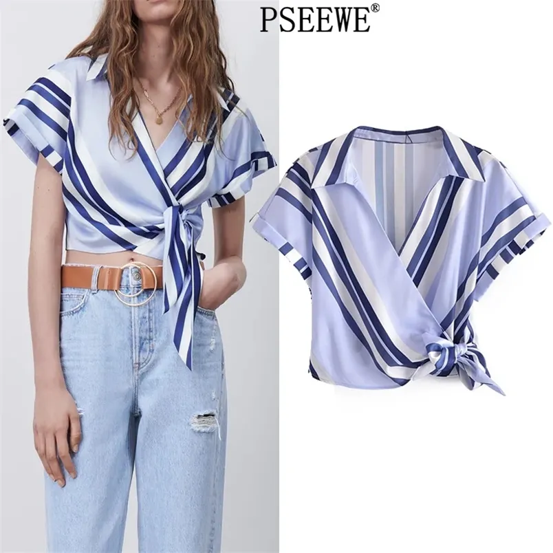 Blue Striped Crop Top Women Shirt Fashion Knot Wrap Short Sleeve Satin Woman Casual Chic Summer Blouse 210519
