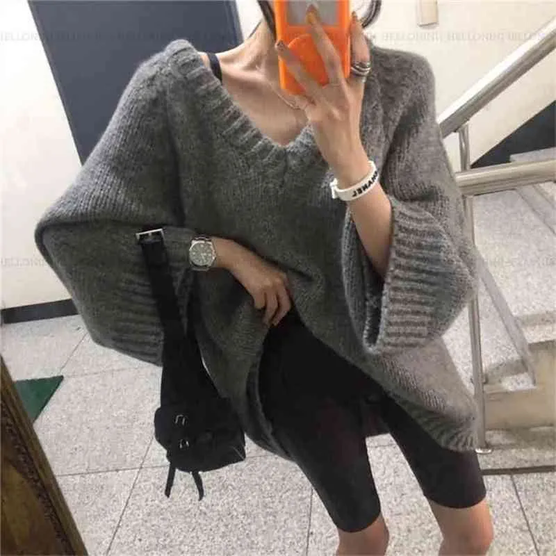 Koreaanse stijl vleermuis mouw losse gebreide truien vrouwelijke v-hals solide casual trui herfst winter tops voor vrouwen 210514