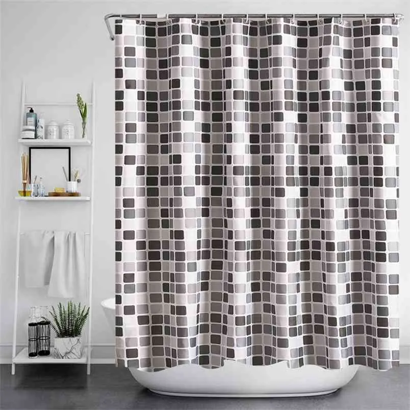 モダンなモザイクのチェック柄の浴室のカーテン生地の布厚い防水シャワーバスタブSホームインテリア210915