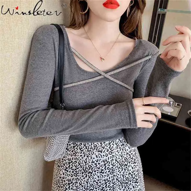 Spring Fall Korean Style T-Shirt Girl Chic Sexy Cross Shiny Diamonds Women Tops Bottoming Shirt Slim Cotton Tees T11713A 210421