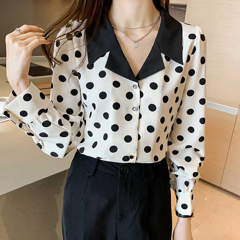 ŞINTIMES Vintage Çentikli Bluz Kadın Gömlek Uzun Kollu Düğme Hırka Polka Dot Güz Şifon Bayanlar Kore Giysileri Tops 210615