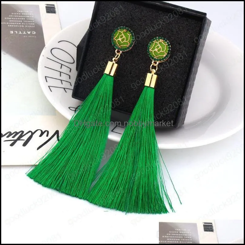 9 colors Boho Ethnic Tassel Dangle Earrings For women Geometric Crystal Rose flower Sign Long Silk Fringed Dangle Statement Earring