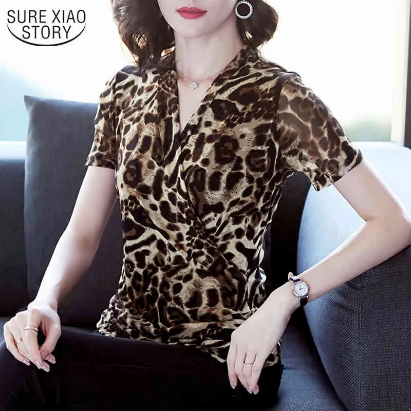 Fashion V-neck All-Match Kortärmad Office Lady Top Ropa de Mujer Brand Leopard Print Cross Woman's Blouse 10138 210508