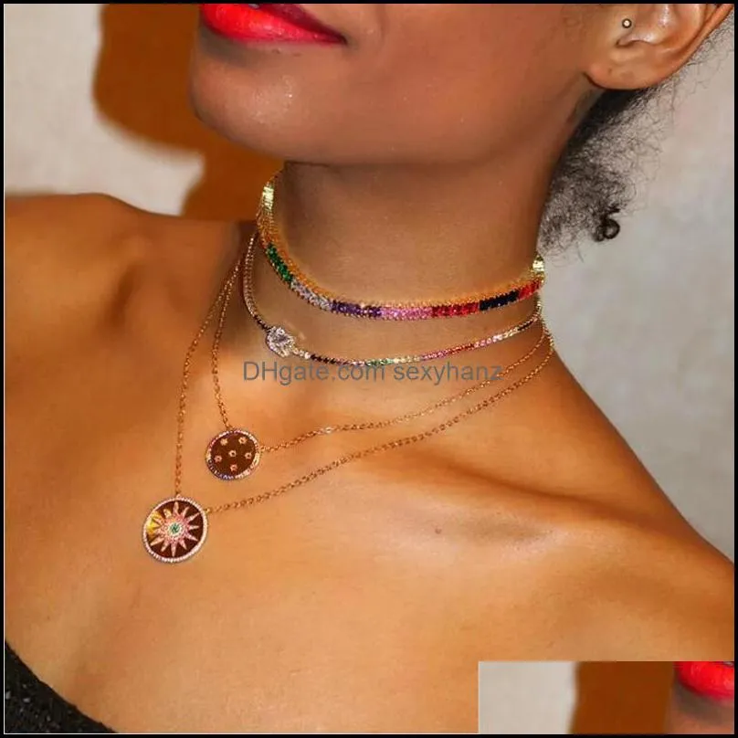 2020 gorgeous stunning multi layer chain gold color coin geometric choker statement fashion collar rainbow colorful cz necklaces1