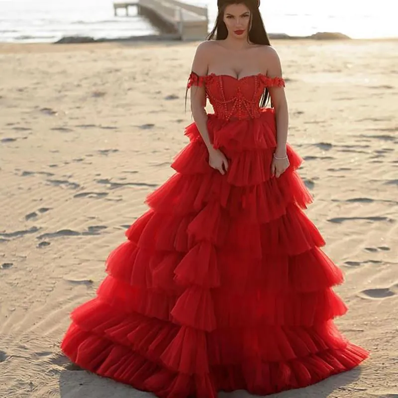 Party Dresses Stunning Red Ruffled Tulle Off The Shoulder Prom Women Robe A Line Beading Floor Length Tiered Princess Gown