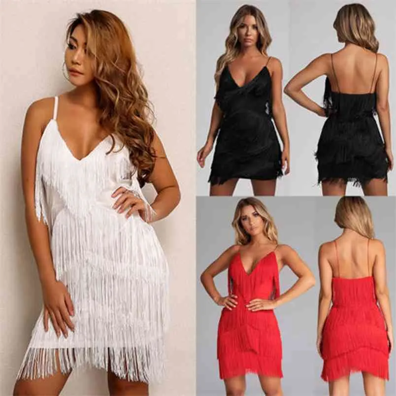 Femmes Robe Sexy Dames Été Dos Nu Court Glands Profond Col En V Sling Soirée Beachdress Robe Mini Mode Vêtements 210522