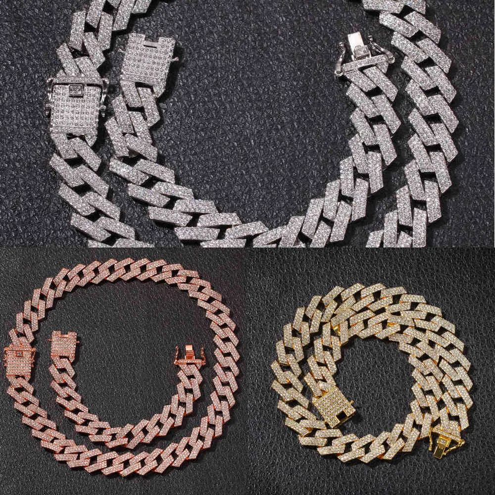 20mm Hip Hop 3 Drainage Diamond Ice Necklace Cuban Blending Link String Men's Round Neck Rap Singer Jewelry Q0809