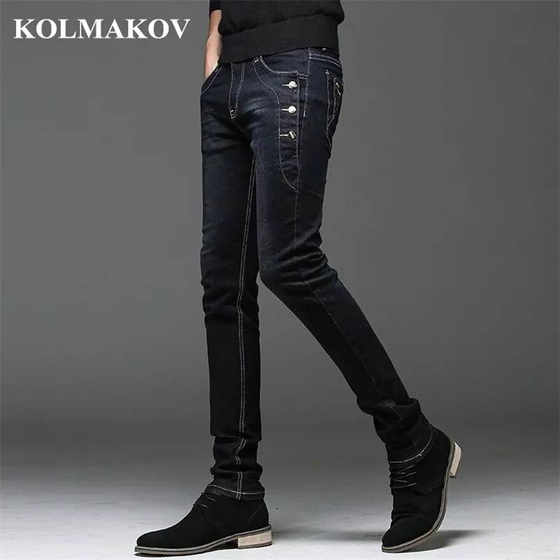 Kolmakov Mens Denim Jeans Straight Full Length Byxor med hög elasticitet Slim för Man Fashion Mid-Waist 211111