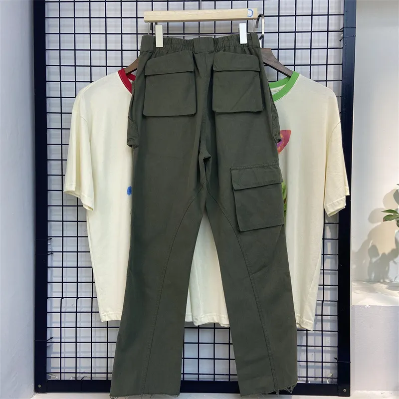 Rel Pics Multi-pockets Straight Flare Pants Mens High Street Elastic Waist Solid Loose Casual Cargo Hip Hop Baggy Trousers3014