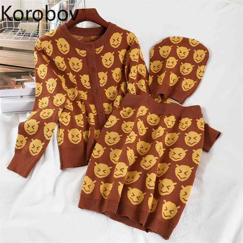 Korobov New Arrival Autumn Winter Women Knitted Suits Harajuku Cartoon Knit Jacquard O Neck 2 Pieces Sets Skirts Outfits 210430