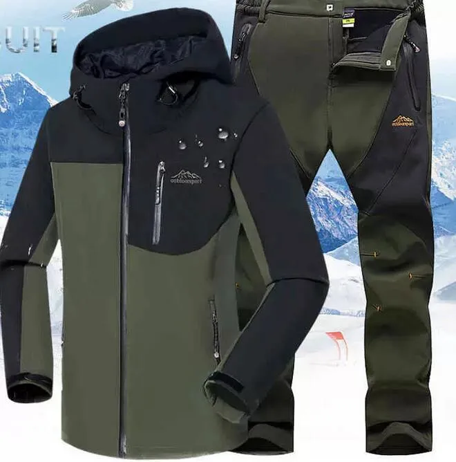 Winter Suit Men Waterproof Ski Warm Softshell Fleece Hiking Outdoor Jackets Trekking Camp Coat Set Pants Oversize Trousers