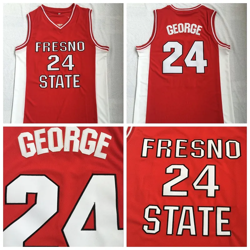 Mens Fresno State Bulldogs Paul George #24 대학 농구 유니폼 빈티지 레드 대학 스티치 셔츠 S-XXL