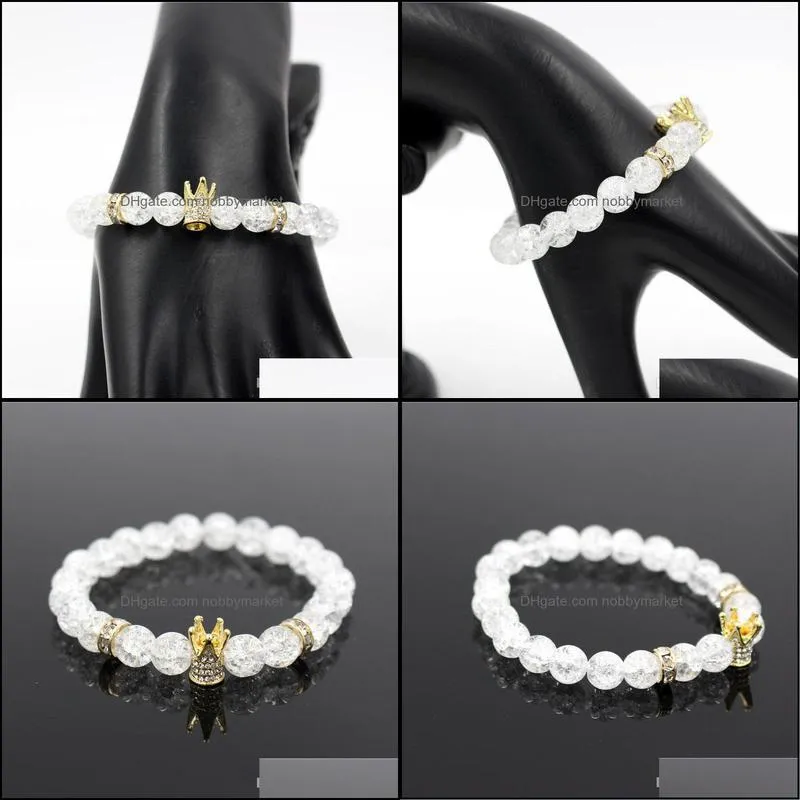 Men and Women White CZ Gold King Crown Natural stone Charm Strands Bracelet Dull Polish White Popcorn Stone Bead Bracelet Yoga Jewelry