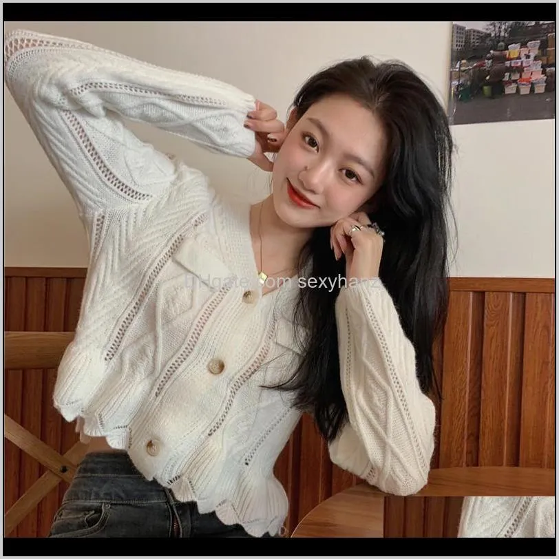 v-neck loose white cardigans casual korean clothes crop top knitted sweaters autumn winter fashion brand new women`s clothing1