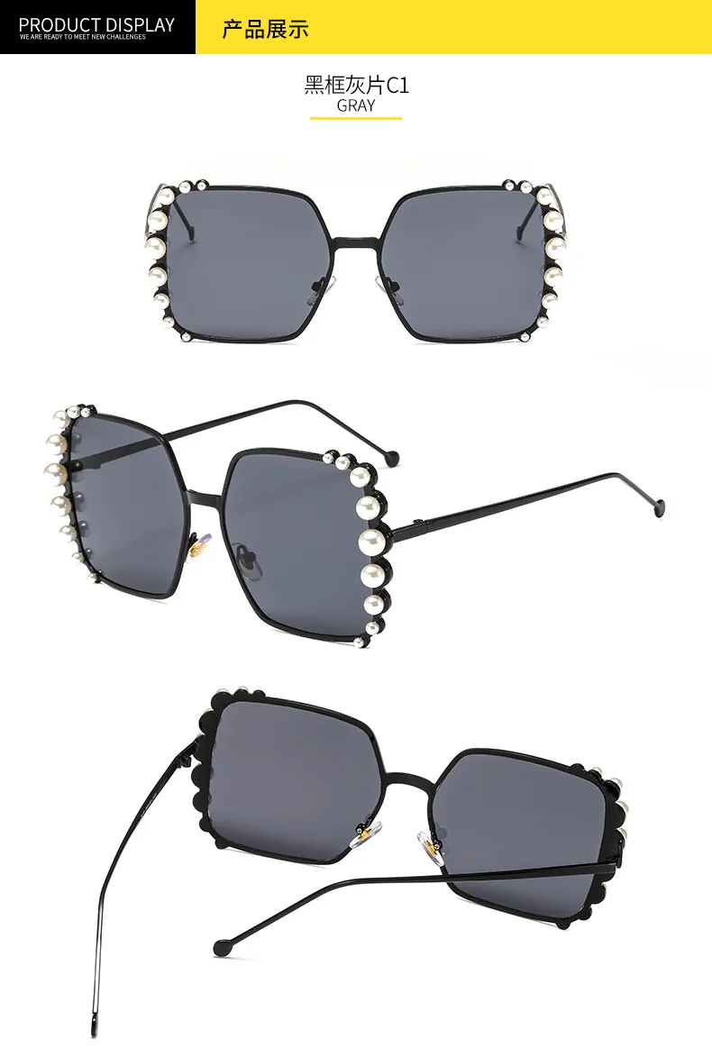 Kadın Inci Güneş Gözlüğü Kare Avrupa ve Amerikan Moda Metal Güneş Gözlükleri