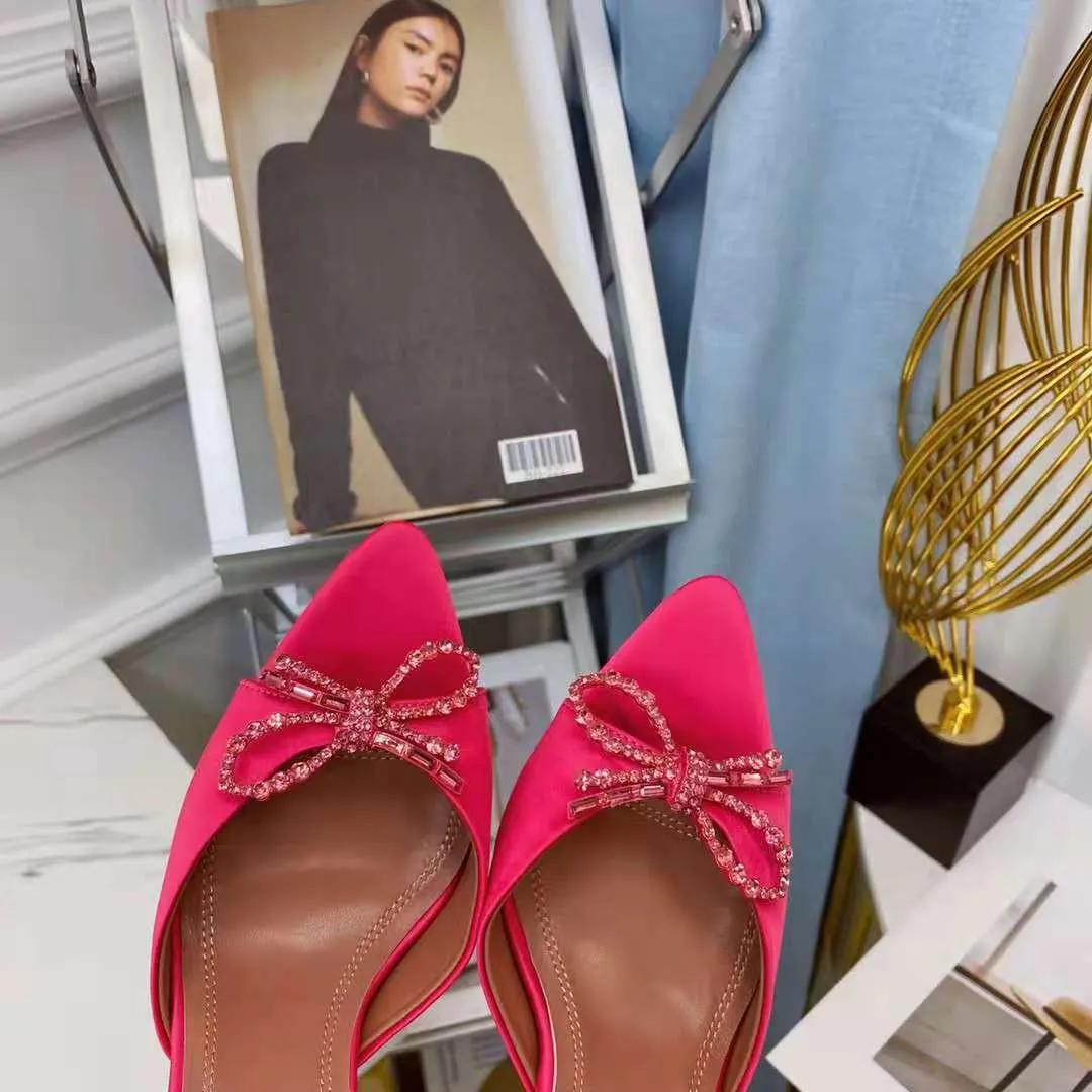 Red Satin Amina Italy Muaddi Mules Slippers 95mm Crystal Embellished Pyramid Heel Shoes AWGE