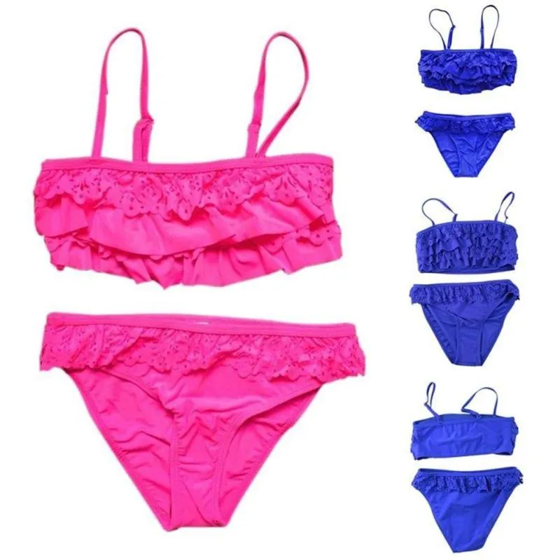 Set di abbigliamento 2 pezzi Costume da bagno bikini con spalline in tinta unita per bambina