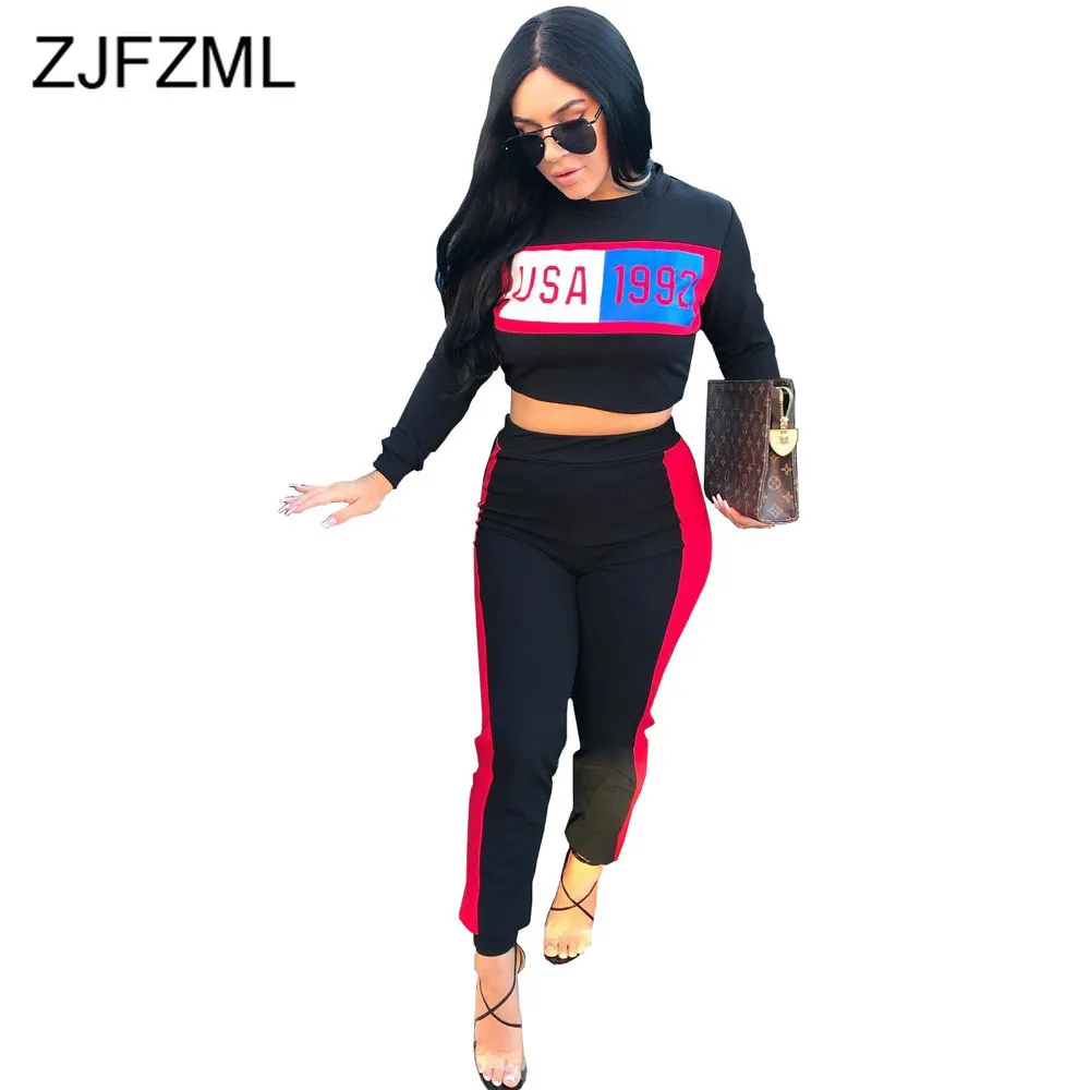 Färgblock Bandage Fall 2 Piece Sets Kvinnor 2021 Letter Print Full Sleeve Crop Top och High Waist Sporty Jogger Kvinnlig Tracksuit X0428