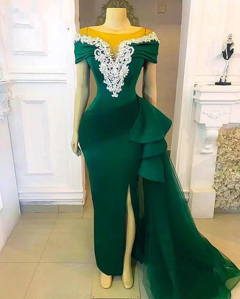 Gorgeous Emerald Green Long Evening Dresses 2021 Mesh Cap Sleeve Mermaid High Slit African Women Formal Party prom dress