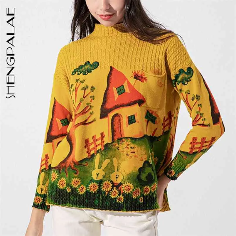 Maglione da donna autunnale a maniche lunghe girocollo modello di casa dipinto a mano moda pullover in maglia gialla 210427