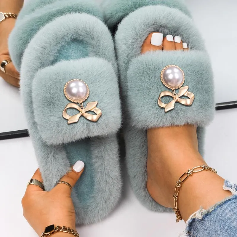 Slippers Women s Fashion Pearl Sweet Ladies Bow Decor Faux Slides Luxury Designer Sandals Flip Flops Cute ShoesSlippers