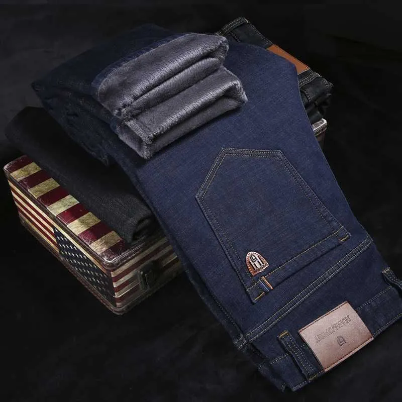 Klassisk läder herrgård Casual Straight Fit Jeans Vinter Varumärke Kläder Fleece Tjock Varm Högkvalitativ Cotton Denim Jeans 210531