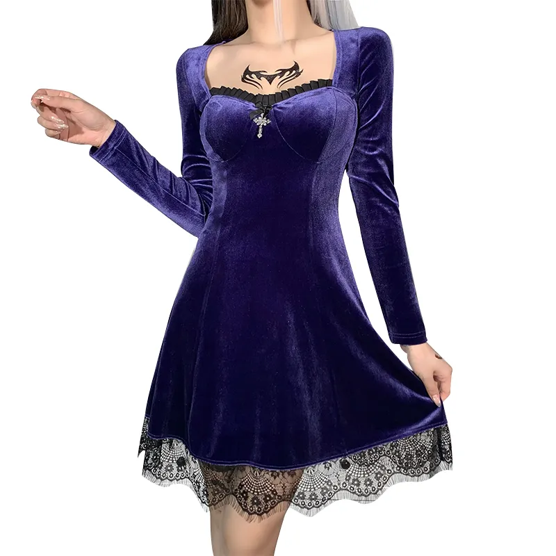 Autumn Women Velvet Dresses High Waist Long Sleeve Gothic Punk Lolita Mini Party Dress