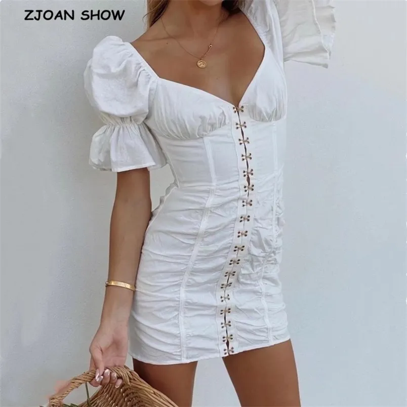 Boutons de crochet froncés sexy femmes mini robe blanche dames manches courtes bouffantes paquet hanches robes vacances coton 210429