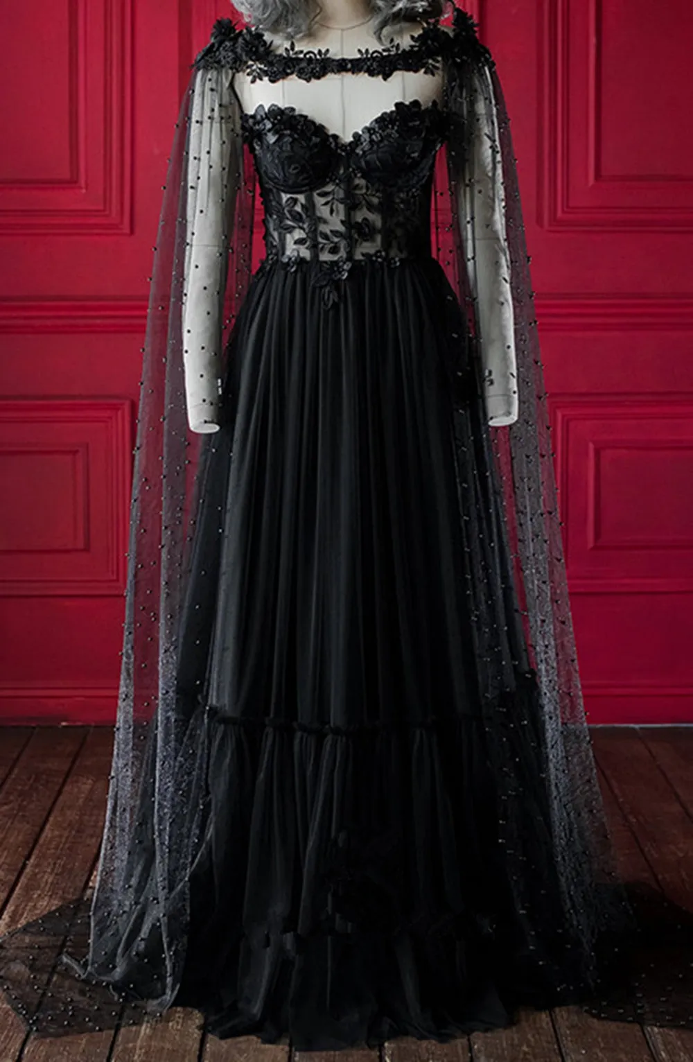 2021 Vestidos de casamento gótico preto com pérolas Cabo Strapless Sweetheart A-Line Sheer Bodice Lace Appliques 3D Flores Goth vestido de noiva feito sob encomenda