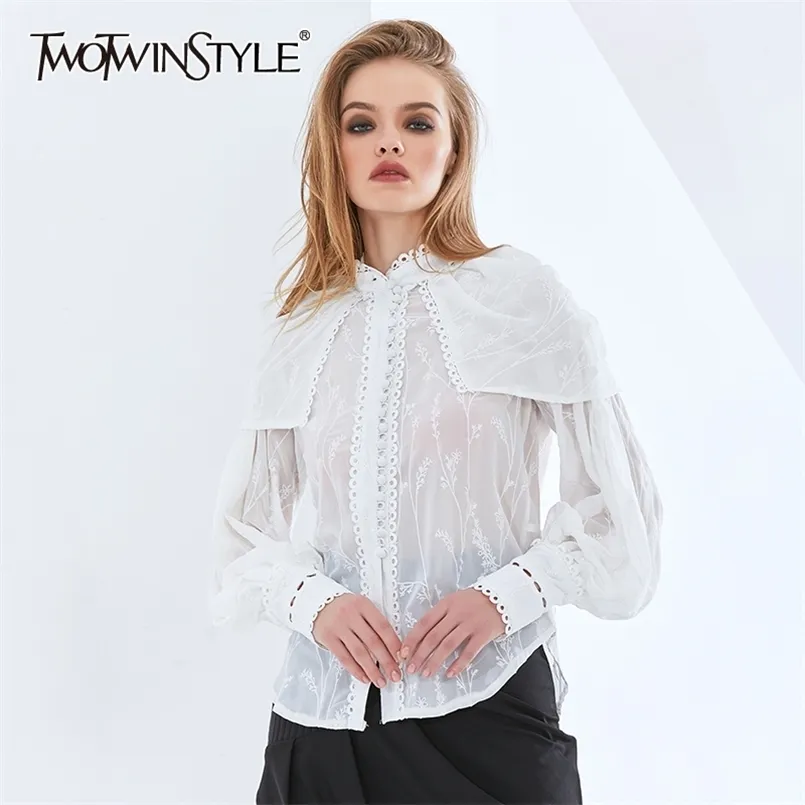 Camisa blanca bordada para mujer con cuello levantado Puff manga larga elegante ver a través de blusa femenina primavera moda 210524