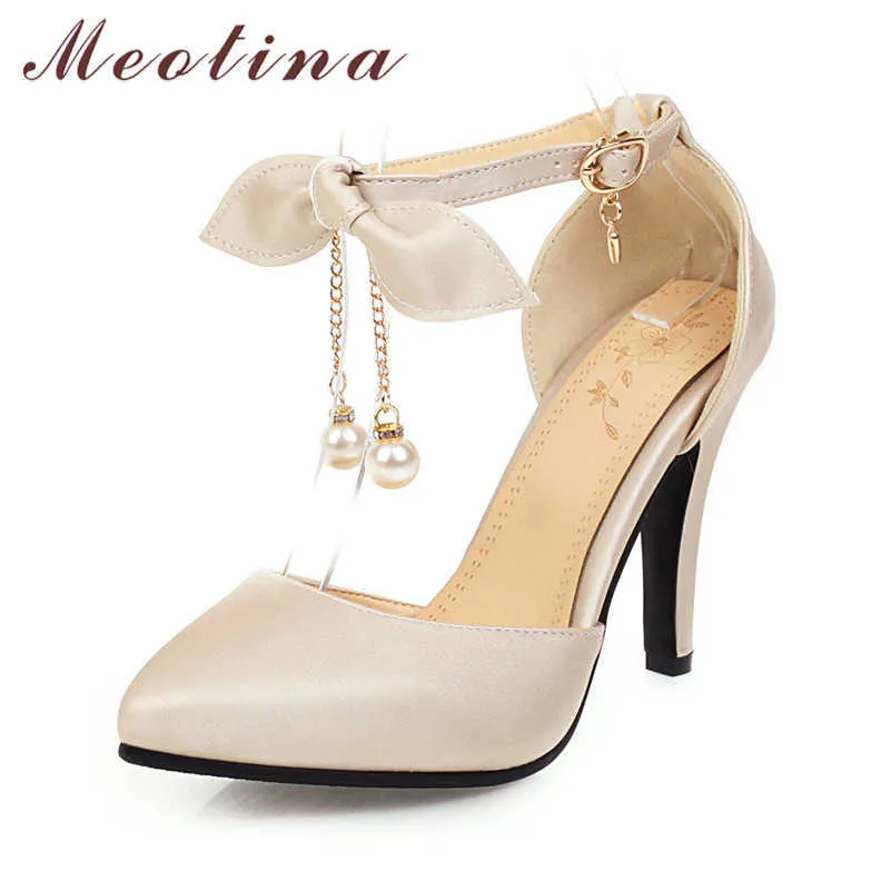 Meotina Bandkle ремешок насосы насосы женщин лук жемчужина супер высокие каблуки обувь указывают на носок каблуки каблуки двух частей женская обувь белый 44 210608