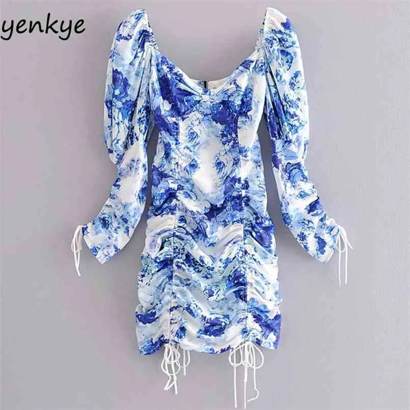 Sexy Backless Floral Print Dress Women Long Sleeve V Neck Drawstring Draped Bodycon Romantic Lady Summer Mini Party 210514