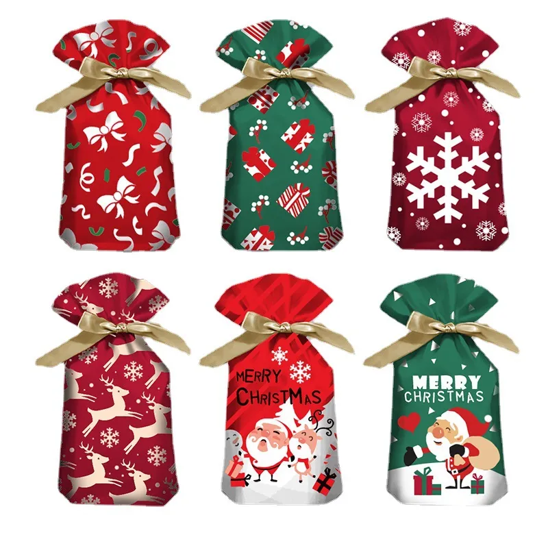 Emballage cadeau Sac d'emballage de Noël Ruban Cordon Sacs de bonbons Poche en plastique Flocon de neige Renne Joyeux Noël HH21-829