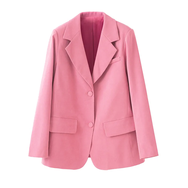 Kvinnor Rosa Tjock Vinterknapp Långärmad Notch Collar Blazer Oversize Blanda C0304 210514