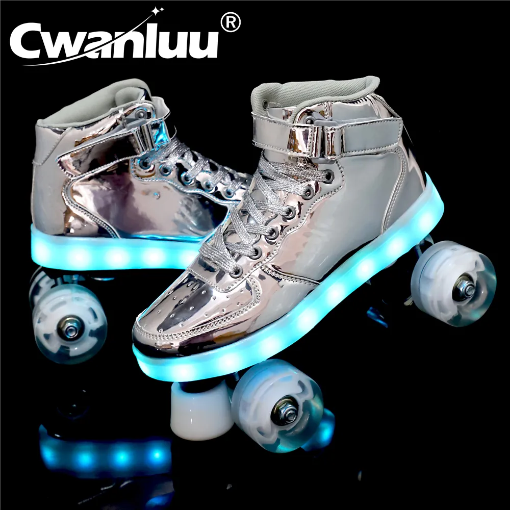 Pattini a rotelle in pelle lucida in metallo Scarpe per adulti per bambini con ruote Flash LED USB ricaricabile 7 colori Scarpe firmate Europa Vera pelle decorativa Stivali di lusso Suola