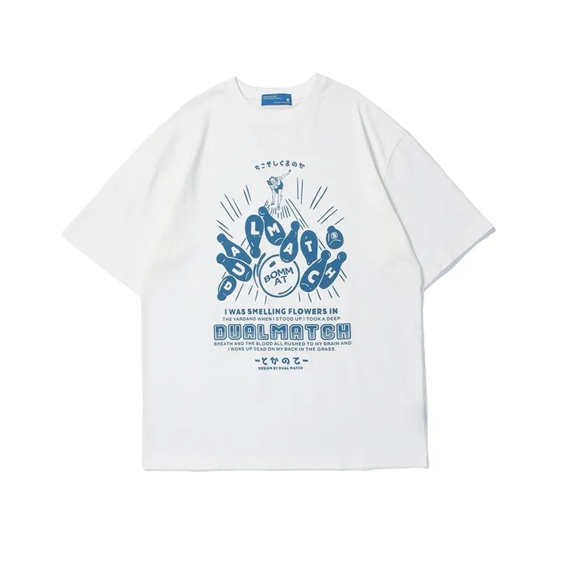 Harajuku T-shirt Mannen Japanse Bowling Print T-shirts Streetwear Tshirts Korte Mouw Casual Top Katoen Wit 210527