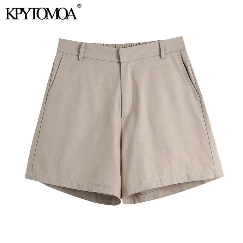 KPYTOMOA Frauen Chic Mode Seitentaschen Bermuda Shorts Vintage Hohe Elastische Taille Reißverschluss Weibliche Kurze Hosen Mujer 210724