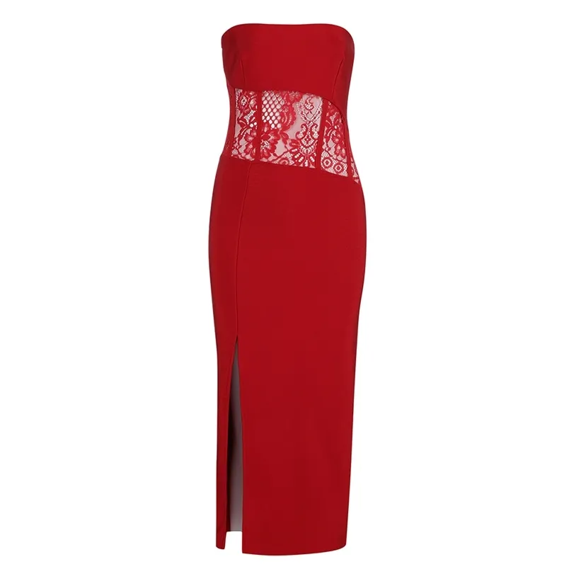 Kadın Yaz Elbise Varış Kırmızı Zarif Parti Kulübü Ünlü Uzun Elbiseler Straplez Dantel Bayanlar Giysileri 210515