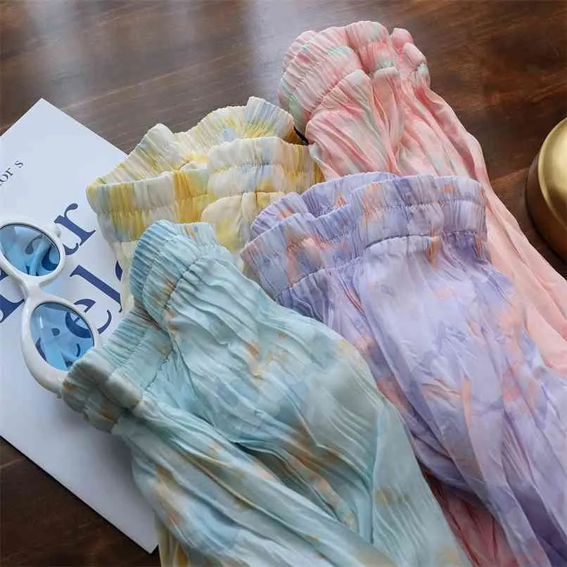 ハロー染料印刷新鮮なプリーツスカート中長油絵Aライン210529