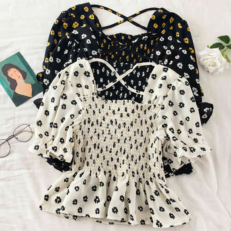 Little Daisy Summer Short Sleeve Puff Sleeve Square Neck Chiffon Shirt Women's Short 210507